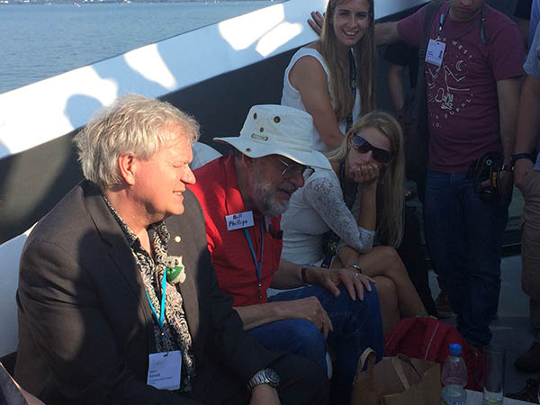 Nobel laureates Brian Schmidt and Bill Phillips enjoy some time out on the water with Lindau meeting attendees. Credit: Alaina Levine